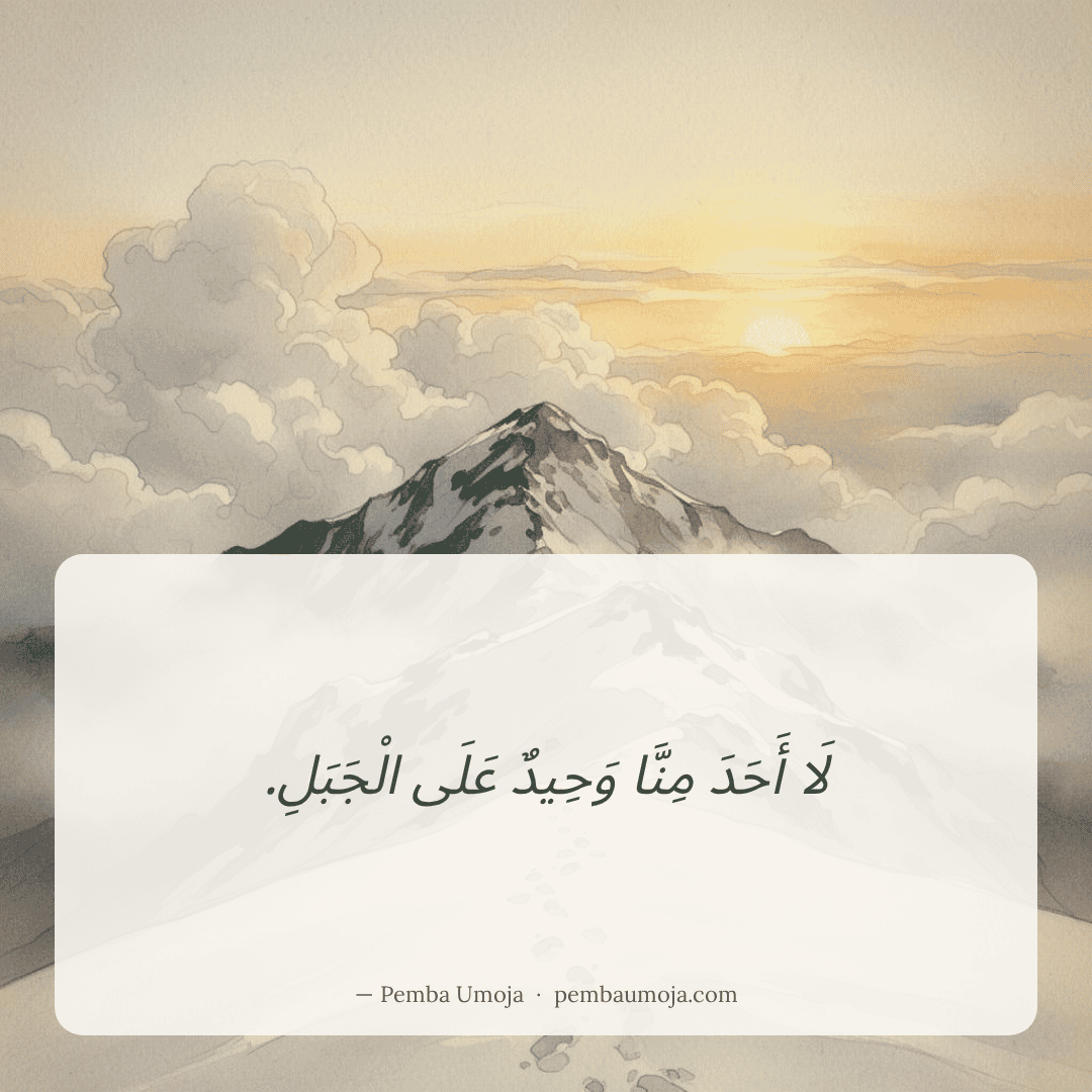 لَا أَحَدَ مِنَّا وَحِيدٌ عَلَى الْجَبَلِ.