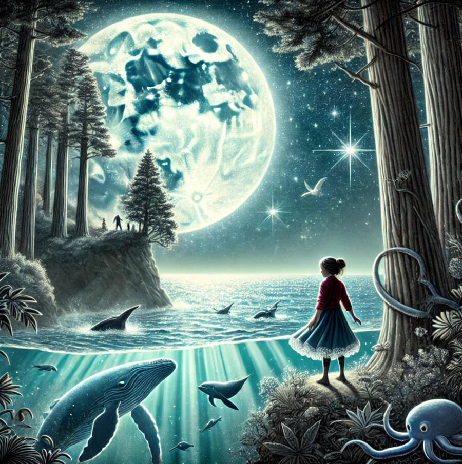 Lunita: Dreams Under Moonlight, Written by Pemba Umoja Each night, Lunita walks to the edge of the sea to gaze at the moon—and one evening, she follows its silver path into a world of wonder. Guided by a wise octopus, she learns that within her quiet spirit lies the light of the moon itself. A story of stillne